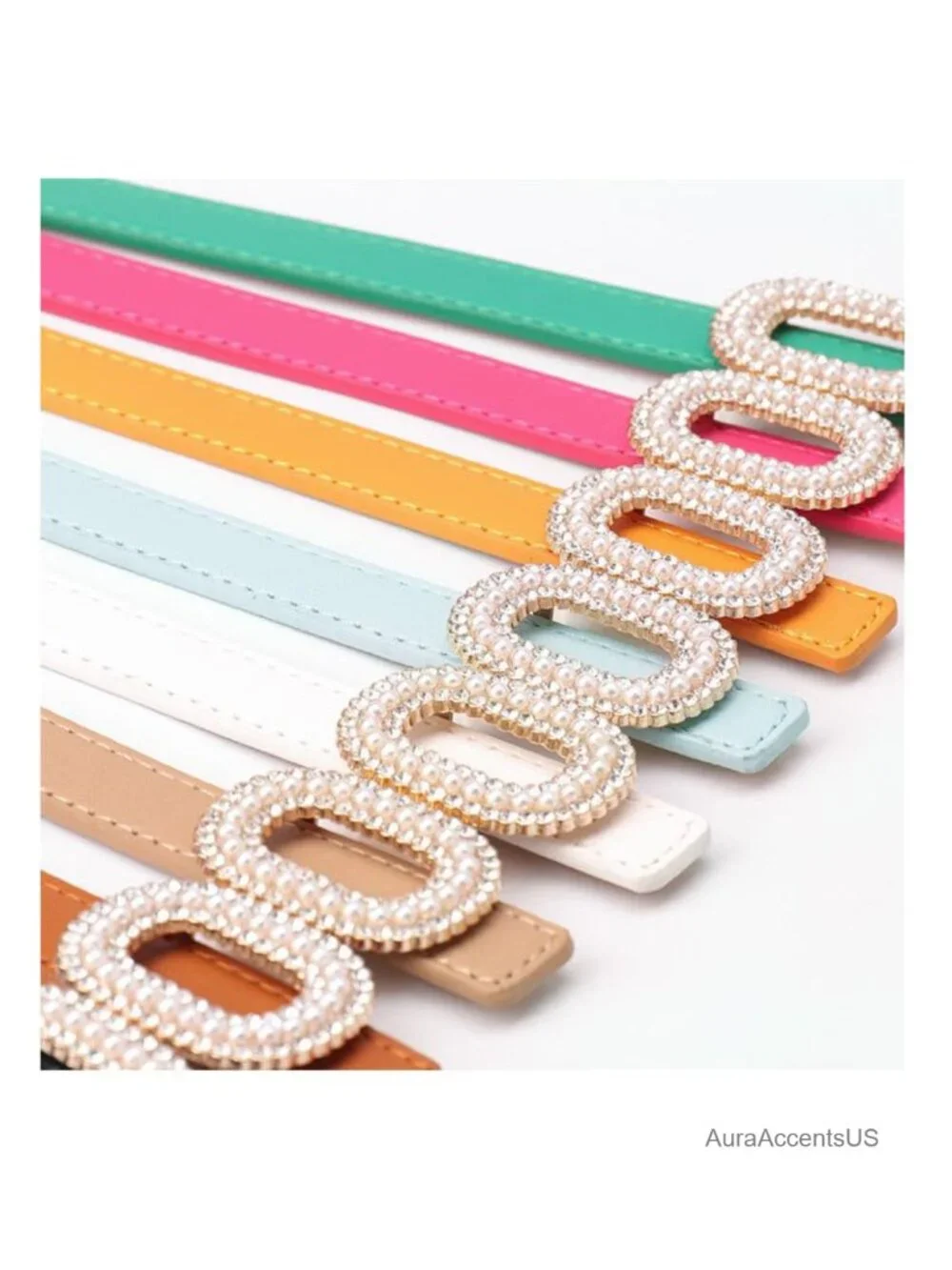 Elegant Rhinestone Buckle Skinny Leather Adjustable Belt for Jeans Dresses Pants